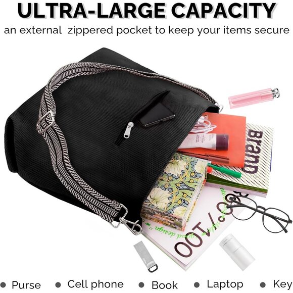 Women’s Black Corduroy Tote Shoulder Bag with Adjustment Straps And Zipper - Picture 3 of 7